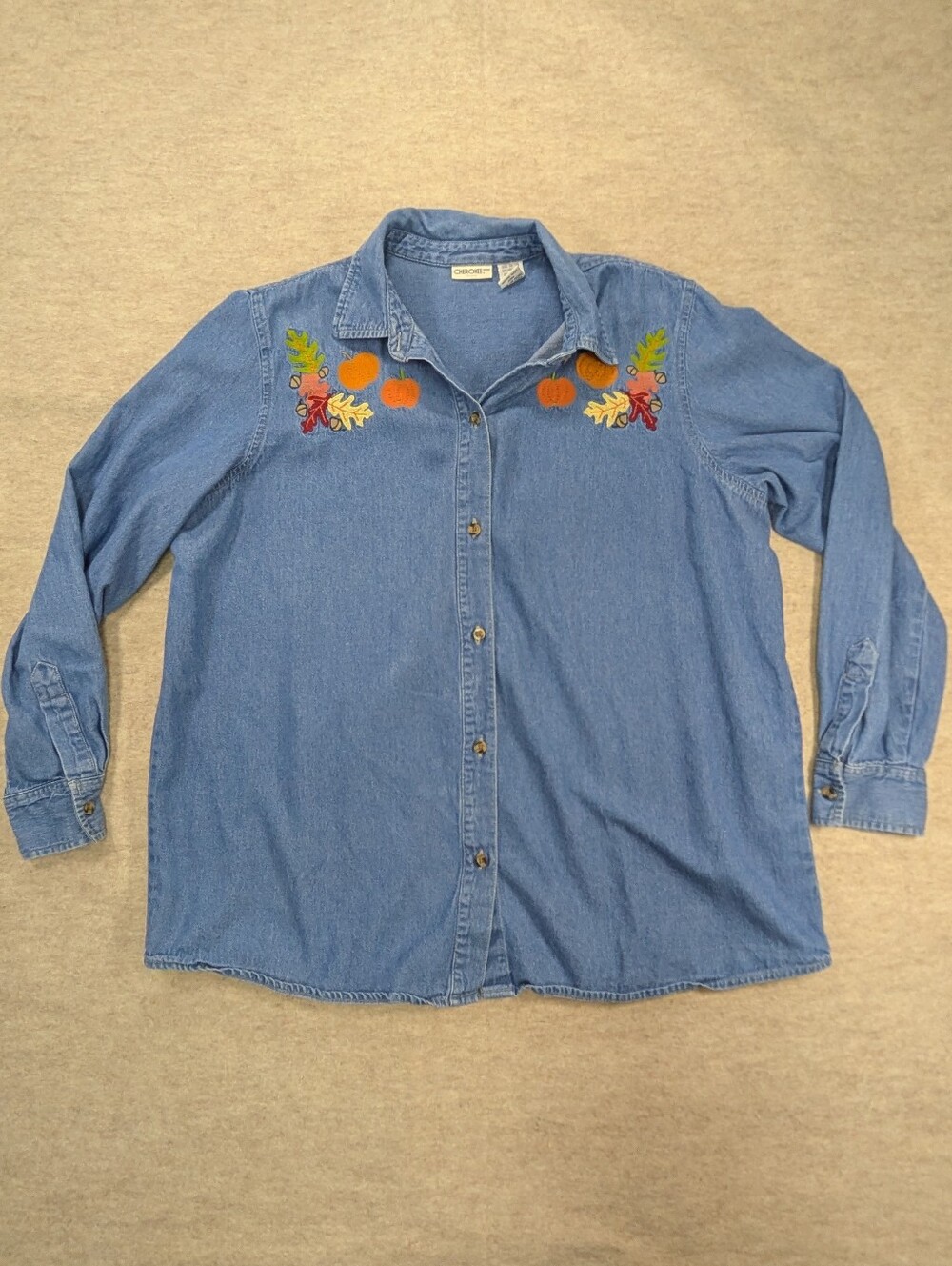 Denim Cherokee Button Up Shirt Autumn Fall Pumpkin Patch Embroidery Women's 16